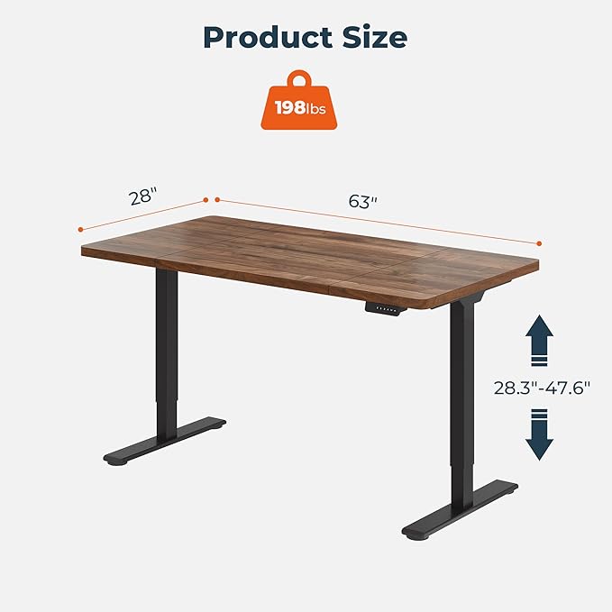 Dual Motor Standing Desk, Large Stand Up Desks, 63x28 Inches Electric Sit Stand Desks, 4 Memory Preset Adjustable Height Computer Table for Home Office with Splice Board (Brown)