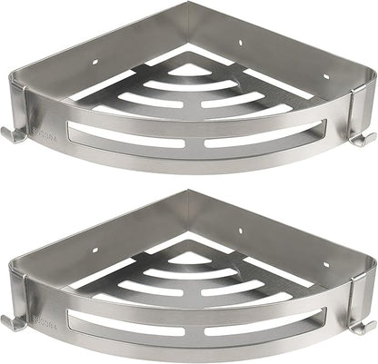 NearMoon Bathroom Shower Caddy 2 Pack, No Drill 304 Stainless Steel Shower Organizer with 2 Hooks (Corner Shelf, Brushed Nickel)