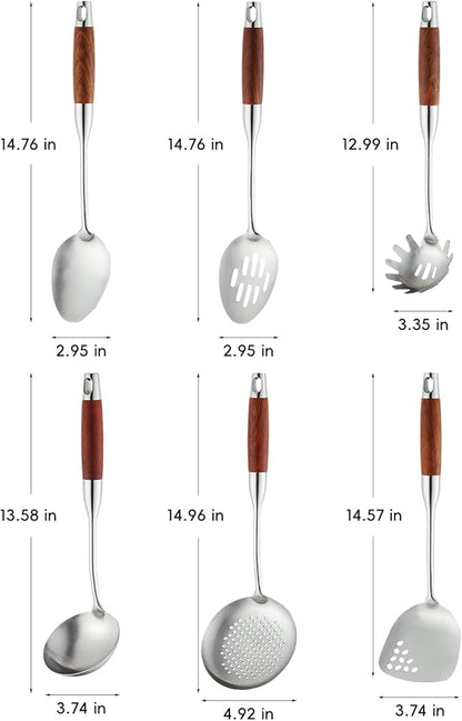 Stainless Steel Kitchen Utensils Set with Wood Handle, 18/10 Metal Cooking Utensils Set, 6-Piece - Spatula, Spoon, Ladle, Skimmer, Slotted Spoon, Pasta