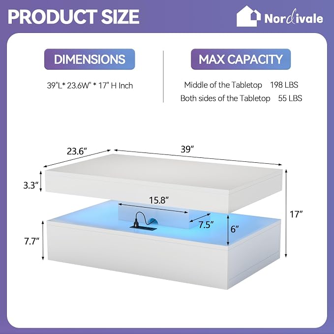 39” High-Glossy LED Coffee Table with 2 Sliding Drawers, Living Room Storage Coffee Tables, Modern Stylish Double-Layer Center Tables with LED Lights, White