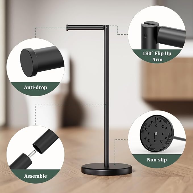 Matte Black Toilet Paper Holder Stand, Free Standing Toilet Paper Holder for Bathroom, 304 Stainless Steel Rustproof Toilet Paper Stand Storage for 4 Rolls(Fits All Rolls)