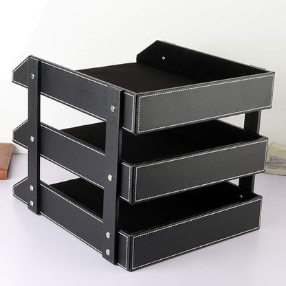 Leather Desk File Organizer, 3-Layer Stackable Tray, Used to Store documents, folders, Stationery, Magazines, Newspapers, Letters, and Other Home Office Sundries Desktop Organization Holder(Black)…