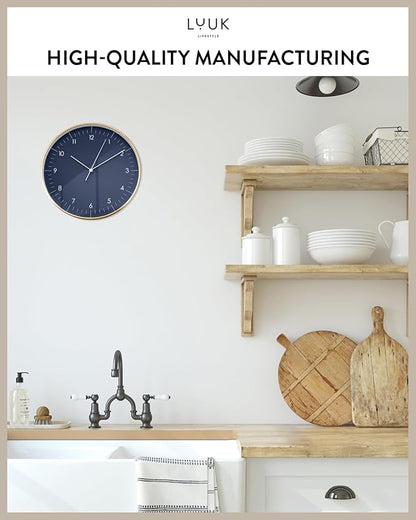 LUUK LIFESTYLE Modern Wall Clock with Silent Quartz Movement, Stylish & Functional, Decoration for Living Room, 12 inch, in Dark Blue & Gold