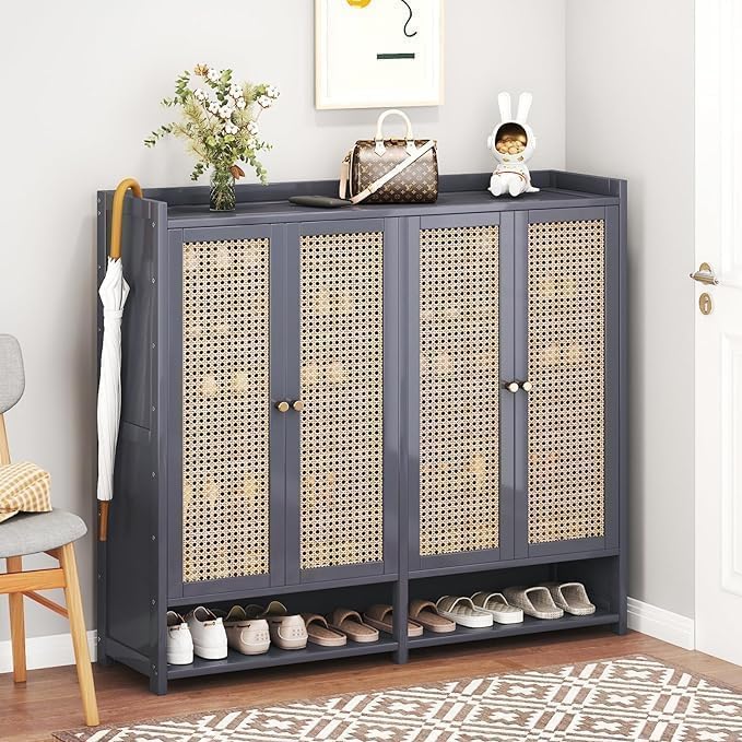 8 Tier Bamboo Shoe Cabinet - Large Capacity Shoe Cabinet with Doors, 40-45 Pairs Shoe Rack, Free Standing Shoe Rack,Entrance for Hallway Living Room (Grey1)
