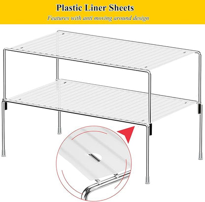 Set of 2 Kitchen Cabinet Organizer Shelves, Stackable Organizer and Storage for Cabinet Cupboard, Expandable Shelf Risers Plate Rack with Anti-Slip Plastic Liner
