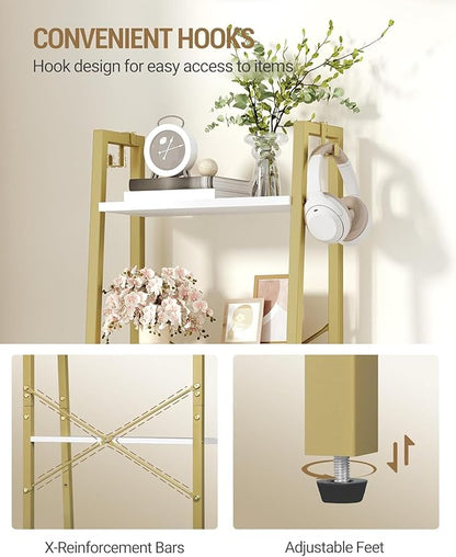 Ladder Shelf, Bookshelf Bookcase, Freestanding Corner Storage Shelve with 2 Hooks for Home Office, Living Room, Kitchen, Bedroom, Industrial, 11.8" D x 17.3" W x 63" H, White Gold BC19213G