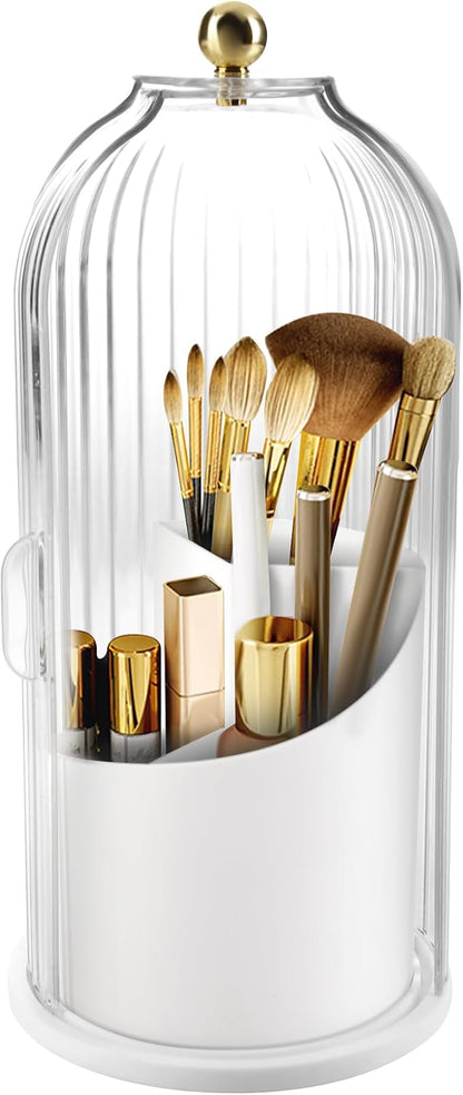 Makeup Brush Holder Organizer, 360 Rotating Makeup Brush Holder, Dustproof Waterproof Material & with 3 Compartments for Organized Storage, Dressing Tables Clear Storage Skincare Cosmetic (White)