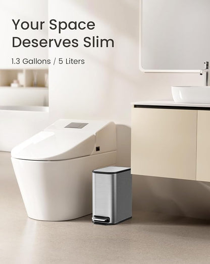 Cesun Small Bathroom Trash Can with Lid Soft Close, Step Pedal, 5 Liter / 1.3 Gallon Stainless Steel Garbage Can with Removable Inner Bucket, Waste Basket for Bathroom, Bedroom (Silver)