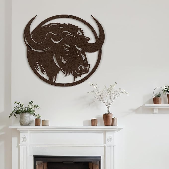 SIGNLEADER Metal Wall Art Decor Majestic Buffalo Circular Frame Minimalist Modern Abstract Wall Sculpture Hangings Home Decoration for Living Room, Bedroom, Bathroom, Kitchen, Outdoor - 24" Bronze