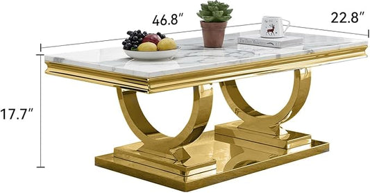 1 Piece Living Room Coffee Table Luxury Faux Marble Center Table, Modern White Gold Coffee Table with Double O Shape Stainless Steel Pedestal Base,1 Table Only