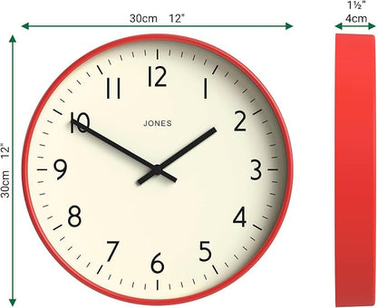 JONES CLOCKS® Studio wall Clock | Modern Round Style | 12 inch | Red | Easy to Read Numbers | Versatile Design for Kitchen, Living Room or Office