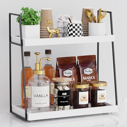 Countertop Coffee Station Organizer, 2 Tier Large Coffee Bar Organizer for Accessories Storage, Stable Metal Wooden Shelf Syrups Holder Condiments Rack