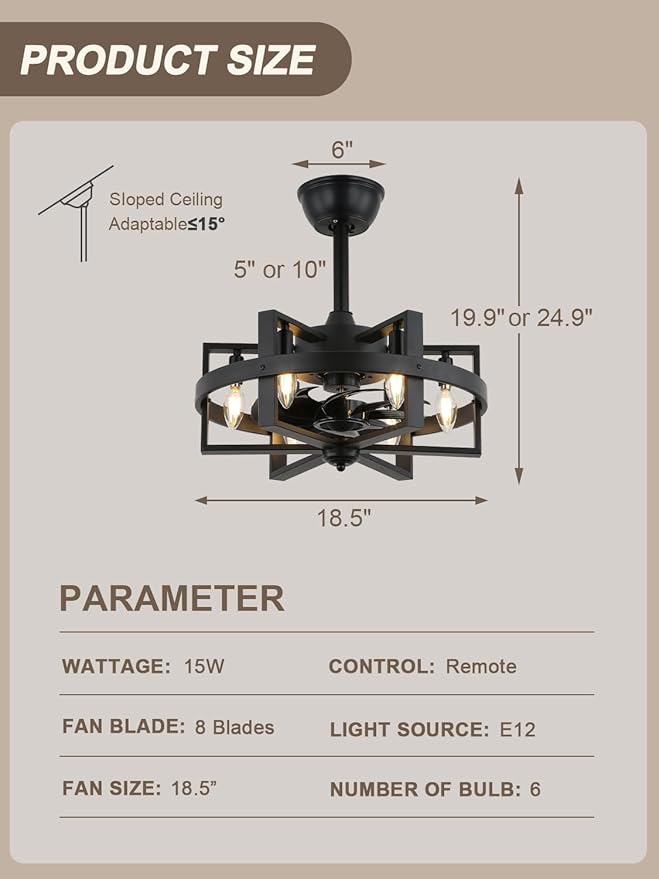 Black Caged Ceiling Fan with Light, 18.5" Modern Ceiling Fan with Lights and Remote, 6-Light Low Profile Ceiling Fans for Bedroom Living Room