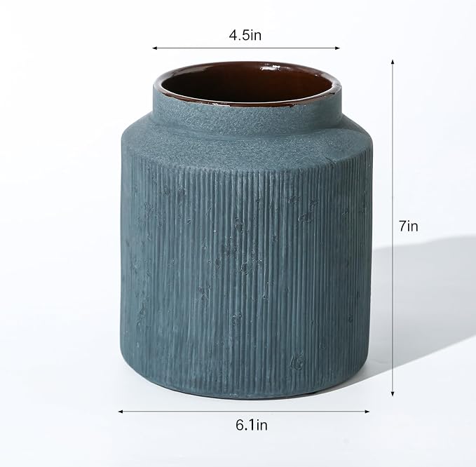 Farmhouse Vase for Home Decor, Vintage Rustic Terracotta Flower Vase Suitable for Home Decor, Living Room, Shelf, Dining Table. 7IN. Blue
