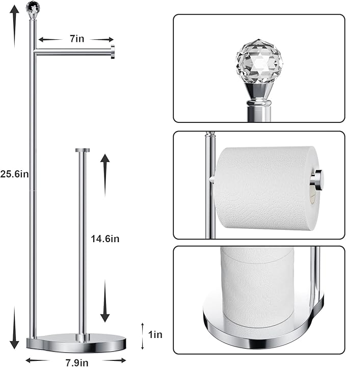 KASUNTO Toilet Paper Holder for Bathroom, Heavy Weighted Metal Free Standing Toilet Paper Storage with Crystal Ball, Toilet Paper Stand for Bathroom Accessories, Polished Chrome [Holds MEGA Rolls]
