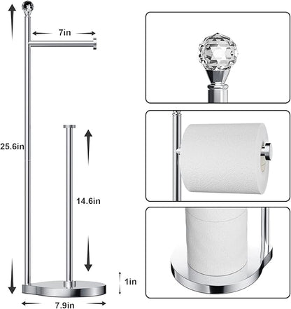 KASUNTO Toilet Paper Holder for Bathroom, Heavy Weighted Metal Free Standing Toilet Paper Storage with Crystal Ball, Toilet Paper Stand for Bathroom Accessories, Polished Chrome [Holds MEGA Rolls]