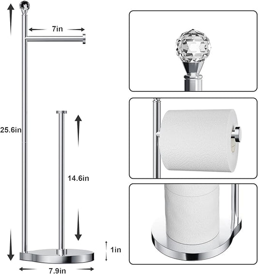 KASUNTO Toilet Paper Holder for Bathroom, Heavy Weighted Metal Free Standing Toilet Paper Storage with Crystal Ball, Toilet Paper Stand for Bathroom Accessories, Polished Chrome [Holds MEGA Rolls]