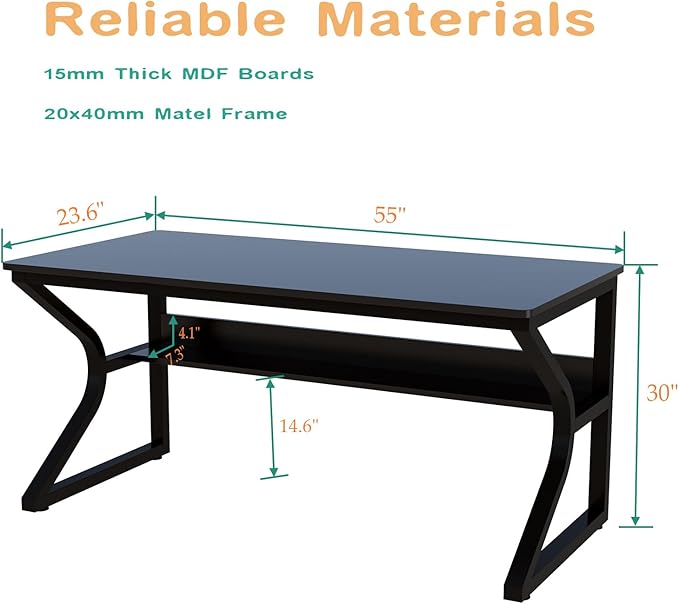 Extra Long Desk with Bookshelf - 55" Double Long Writing Table for 2-Person Workstation, Modern Study Work Computer Desk for Home and Office, Black