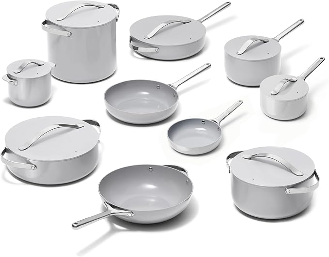 Caraway 24-Piece Nonstick Ceramic Cookware Set - Includes Fry Pans, Sauce, Sauté Pan, Dutch Oven, Petite Cooker, Stir Fry, Rondeau, Stock Pot, Lids & Storage Organizers - Gray