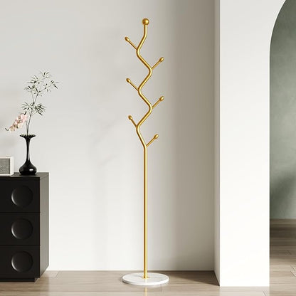 Creative Tree Branch-Look Gold Coat Rack Freestanding with 6 Hooks & Sturdy Marble base Metal Clothes Hanger Stand for Entryway/Mudroom/Bedroom/Hallway/Home Office (gold)