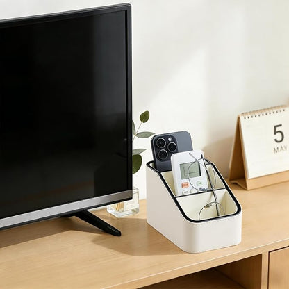 PU Leather Remote Control Holder, Small Desk Organizer Office Supply Bedside Caddy for Nightstand End Table Couch, Pen Remote Organizer with 3 Compartments (Cream)