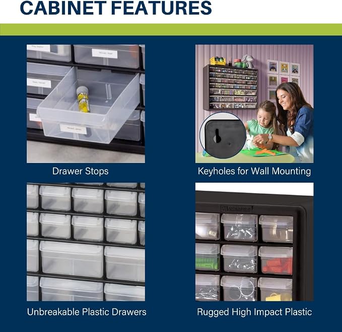 Akro-Mils 44-Drawer Plastic Drawer Storage Cabinet for Garage Organization, Bead Organizer, Building Bricks Storage, Teacher Toolbox, Makeup Organizer, 20-Inch W x 6-Inch D x 16-Inch H, 10144 White