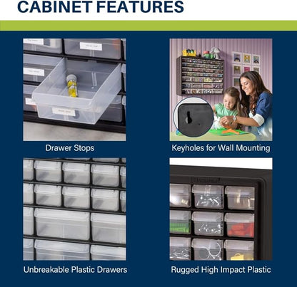 Akro-Mils 44-Drawer Plastic Drawer Storage Cabinet for Garage Organization, Bead Organizer, Building Bricks Storage, Teacher Toolbox, Makeup Organizer, 20" W x 6" D x 16" H, 10144 Black (Pack of 2)