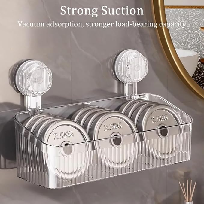 No-Drill Bathroom Storage Suction Cup Storage Box, Removable, Freely Adjustable Vacuum Suction Cup Storage Box, Large Capacity & Strong Load-Bearing, Hanging Shower Organizer (Transparent Gray)