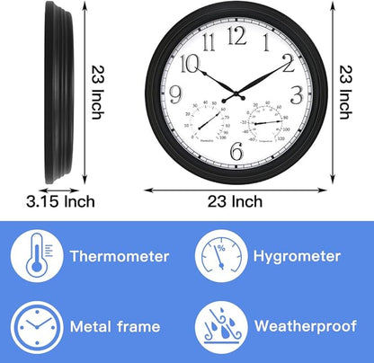 BESTIME MT-33-2 23-Inch Three-in-one Metal Wall Clock with Black Frame. Indoor,Outdoor,Thermometer,Hygrometer,Weather Resistant,Garden,Lanai.
