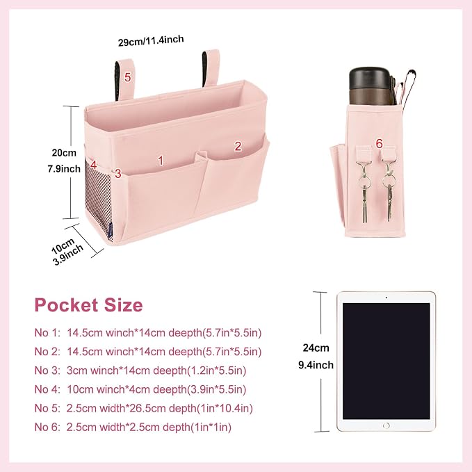 Surblue Bedside Caddy Hanging Bed Organizer Storage Bag Pocket for Bunk and Hospital Beds, College Dorm Rooms Baby Bed Rails, Camp 4 Pockets and 2 Hooks (Small,Light Pink)