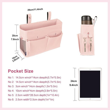 Surblue Bedside Caddy Hanging Bed Organizer Storage Bag Pocket for Bunk and Hospital Beds, College Dorm Rooms Baby Bed Rails, Camp 4 Pockets and 2 Hooks (Small,Light Pink)