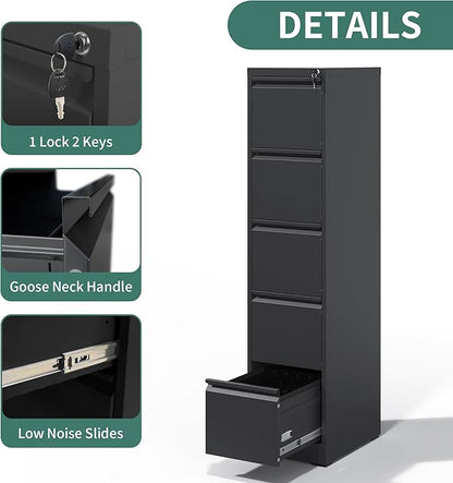 5 Drawer File Cabinet, Metal Vertical Filing Cabinets for Home Office, Steel Storage Cabinet for Hanging Legal/Letter Size Files, Assembly Required (Black)