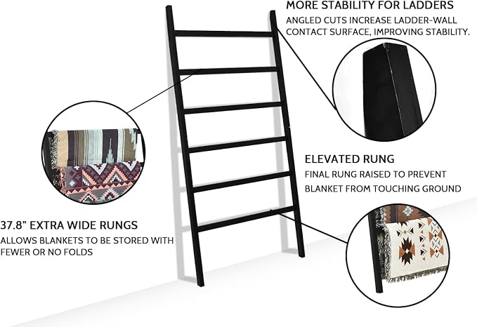 FUIN Extra Wide 6.4ft Wooden Blanket Ladder Living Room Decorative Wal Leaning Farmhouse Quilt Display Holder Rustic Wood Towel Rack for Bathroom, Black, 38 inch Wide