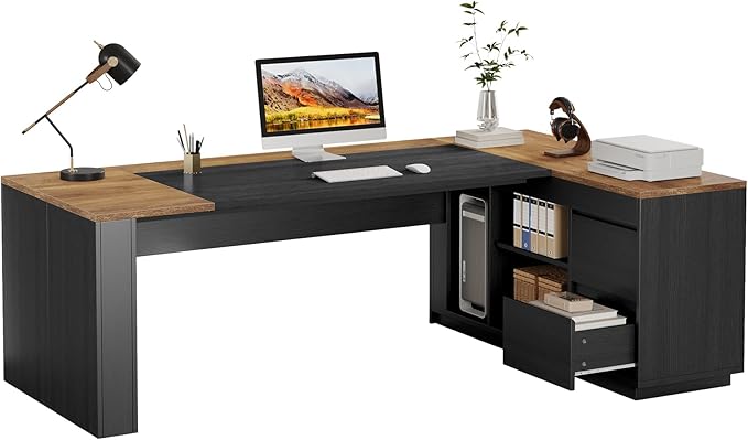 Tribesigns 78" L Shaped Executive Desk with Drawers, Large Office Computer Desk with Cabinet and Storage Shelves, Modern Business Furniture Sets Workstation for Home Office (Brown/Black)