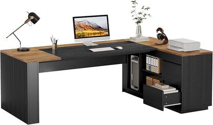 Tribesigns 78" L Shaped Executive Desk with Drawers, Large Office Computer Desk with Cabinet and Storage Shelves, Modern Business Furniture Sets Workstation for Home Office (Brown/Black)
