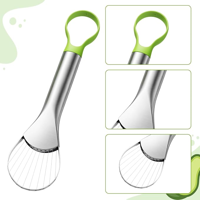 Avocado Slicer Tool, 3-in-1 Stainless Steel Avocado Slicer Tool with Peeler & Pitter, Silver & Green Design for Slicing, Scooping Pit Removal (9.37 x 2.28 In)