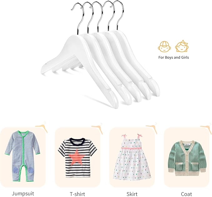 Nature Smile Kids Baby Children Toddler Wooden Shirt Coat Hangers with Notches and Anti-Rust Chrome Hook Pack of 10 (White)