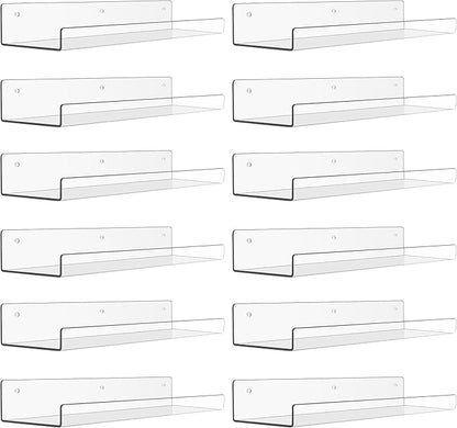 upsimples 12 Pack Acrylic Shelves Wall Organizer and Storage, 15" Display Shelf for Figure, Toy Cars, Perfume, Kids Bookshelf for Bedroom, Nursery, Craft Room, Clear