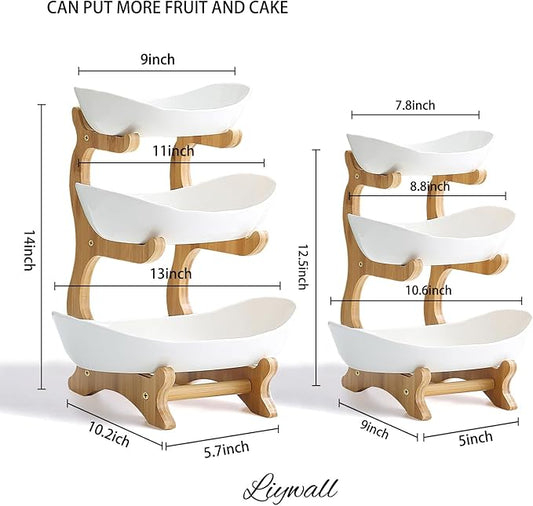 Liywall - Large 3 Tier Ceramic Fruit Bowl With Bamboo Wood Stand for Kitchen Counter,Porcelain Fruit Basket for Fruit Storage,Snack Dessert Cake Tray Plate Rack for Party Wedding - Big White