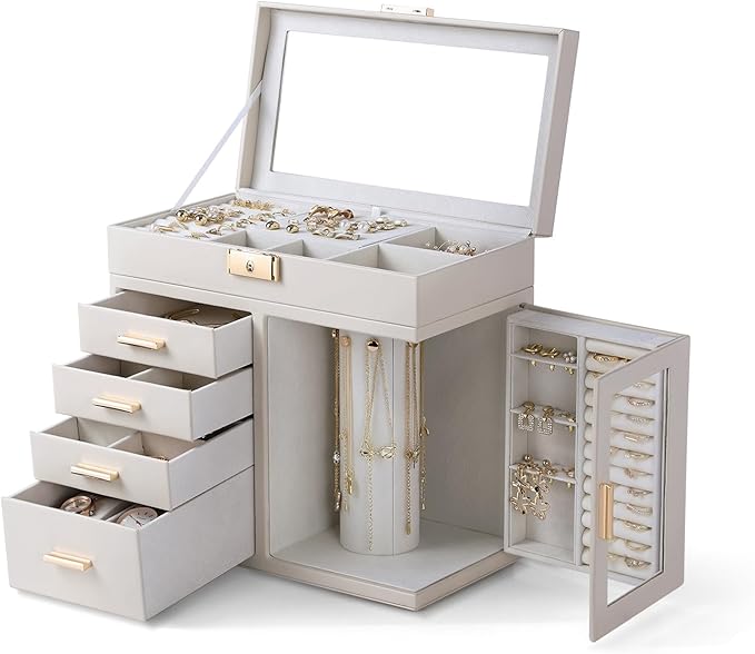 CASEGRACE Large 5-Layer Jewelry Organizer Box with 360° Rotating Necklace Holder, 4 Drawers -Jewelry Case for Necklaces, Rings, Earrings, Bracelets, Watches | Elegant Storage & Gift for Women