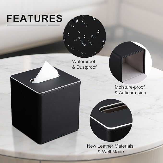 KINGFOM Leather Tissue Box Cover – Square Modern PU Leather Tissue Holder, Cube Tissue Dispenser for Home, Office, Bedroom, Bathroom – Elegant Minimalist Style (Black-Square)