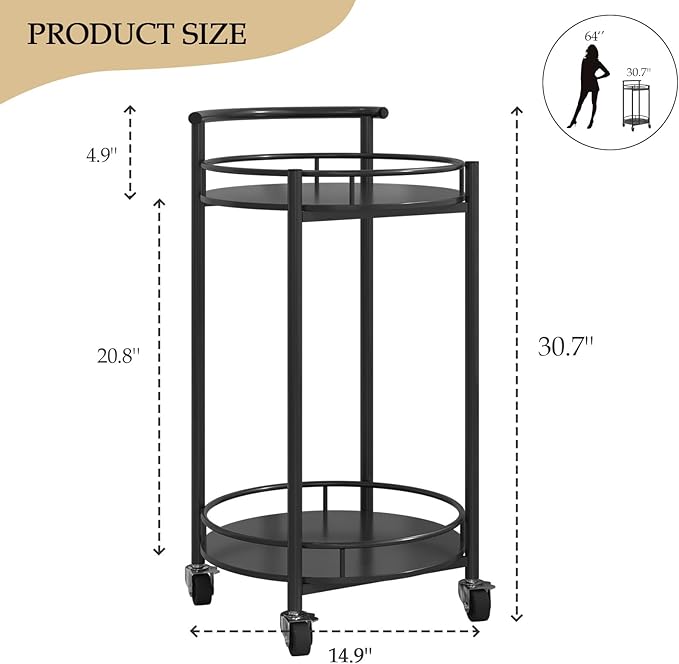 Bar Cart Black Rolling Cart for Home,2 Tiers Bar Serving Cart Round Wine Cart with Handle, Metal Wine Rack and Casters, Serving Bar Trolley for Home Kitchen,Living Room,Christmas,New Year