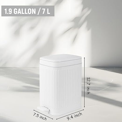 rejomiik Small Bathroom Trash Can with Lid Slim Soft Close Garbage Can Step Wastebasket Container Trash Bin for Office Bedroom Kitchen Living Room (1.9 Gallon White)