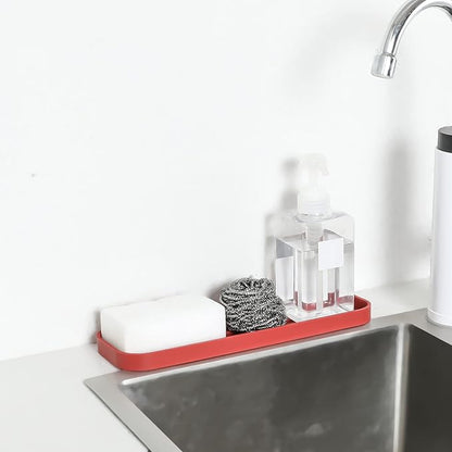 MicoYang Silicone Kitchen Sink Organizer Tray for Multiple Usage,Eco-Friendly Sponges Holder for Kitchen Bathroom Counter or Sink,Dish Soap Dispenser,Scrubber,Bottle,Cup (Red, 12"×4")