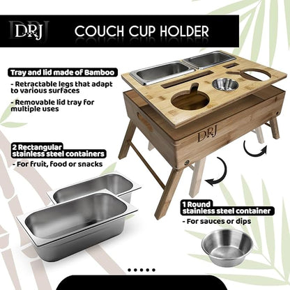 Couch Console - Caddy with Cup Holder and Food Trays for Eating on Couch