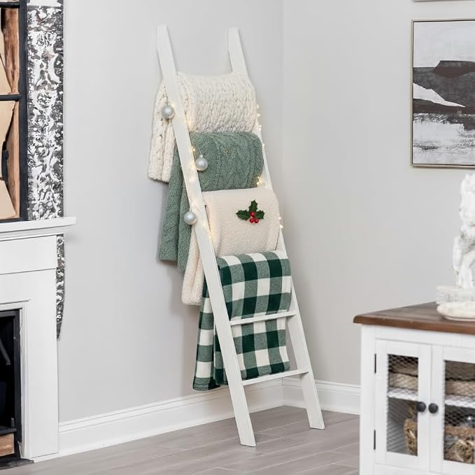 Blanket Ladder for Living Room and Bedroom, 5ft 8 inch, 6-Tier Wall Leaning Laminate Snag Free Construction (White) Rustic Decorative Farmhouse Blanket Storage, Quilt Rack, Ladder Shelf, Easy Assembly