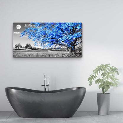 wall art for living room Simple Life Blue moon tree landscape Abstract painting office Wall Decor 20" x 40" single Pieces Canvas Prints Ready to Hang for Home Decoration Black and white Works of art