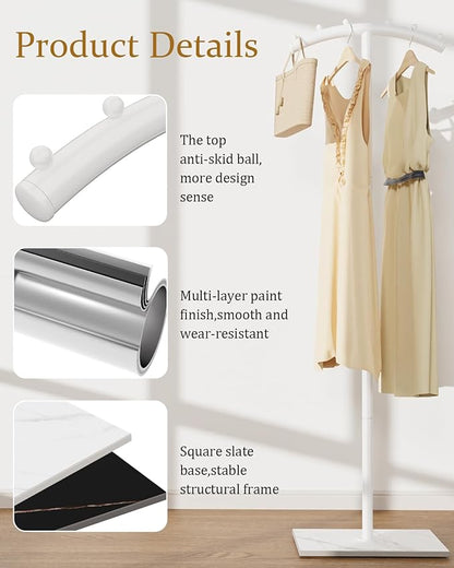 Arcuate Garment Rack, T-shaped Coat Tree Freestanding, Metal Coat Racks, Natural Stable Rock Base, Suitable For Entrances, Corridors, Halls, 68.9in, White