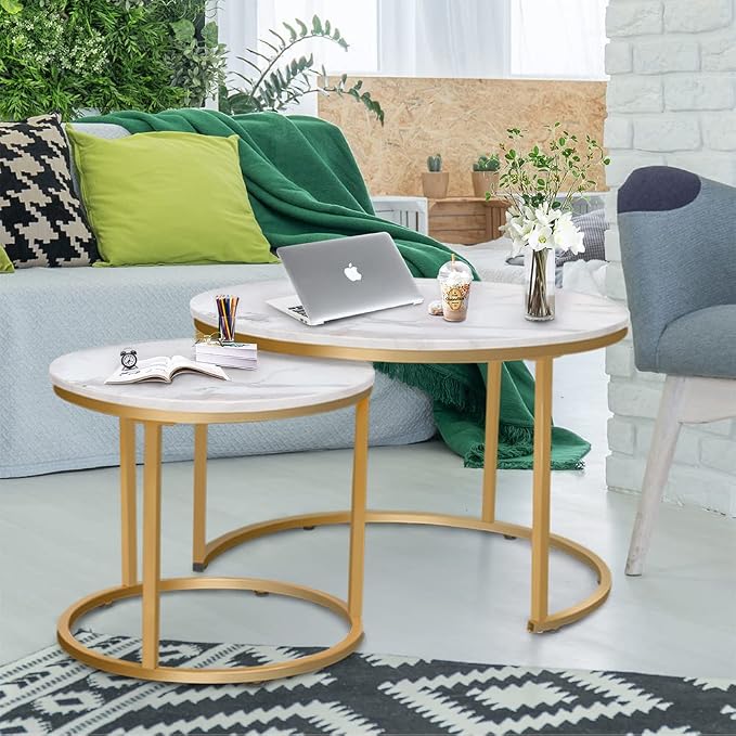 Garden 4 you Nesting Coffee Table Faux White Marble for Small Place 2 Sets Modern Furniture Living Room Sets End Side Table Night Stand for Bed Room Dining Room