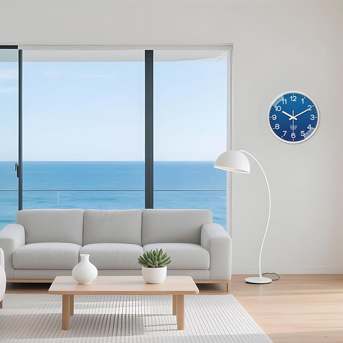 XNM Modern Analog Wall Clocks Battery Operated Navy Blue Wall Clock for Living Room Bedroom Home Office 14 Inch Round Minimalist Wall Clock Silent